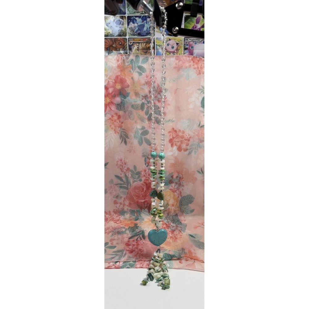 Handmade‎ Beaded Necklace Turquoise Heart Shell Chip Statement 11x19"